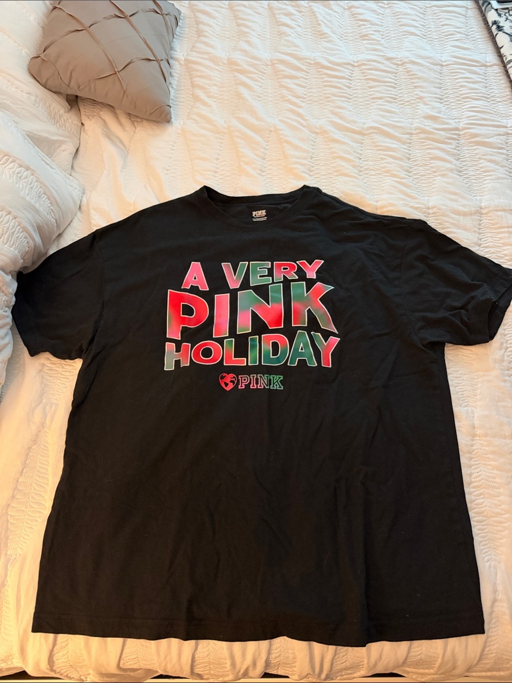 PINK Victoria's Secret Black Graphic Holiday Tee with Red & Green Lettering